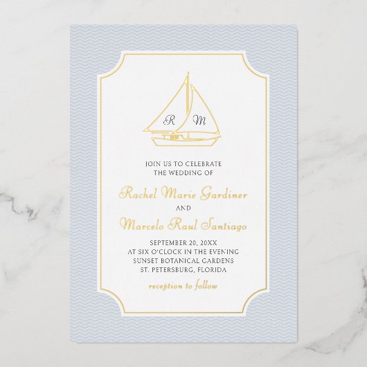 Nautical Sailboat Minimalist Preppy Wedding Folie Uitnodiging (Voorkant)