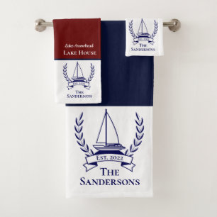 Nautical Sailboat Navy Blue Monogram Lake House Bad Handdoek