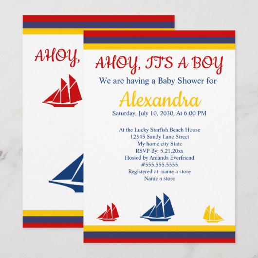 Nautical Sailboat Navy Blue Yellow Red Baby shower Aankondiging (Voorkant / Achterkant)