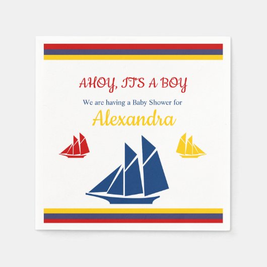 Nautical Sailboat Navy Blue Yellow Red Baby shower Servet (Voorkant)