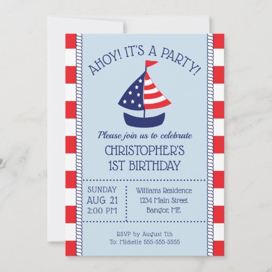 Nautical Sailboat Patriotic 1st Birthday Kaart (Voorkant)