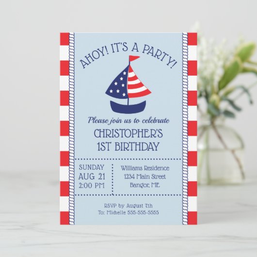 Nautical Sailboat Patriotic 1st Birthday Kaart (Staand voorkant)