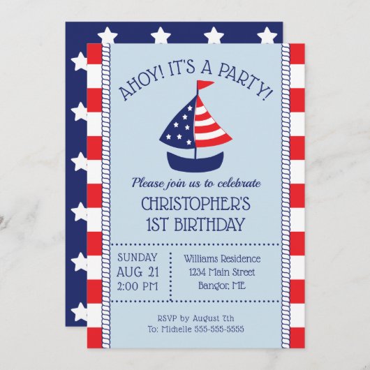 Nautical Sailboat Patriotic 1st Birthday Kaart (Voorkant / Achterkant)