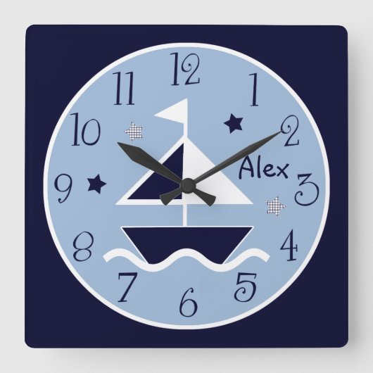 Nautical Sailboat & Stars Cute Baby Clock Kind Vierkante Klok (Voorkant)