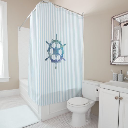 Nautical Sailboat Stripe Pattern Coastal  Douchegordijn (In situ)