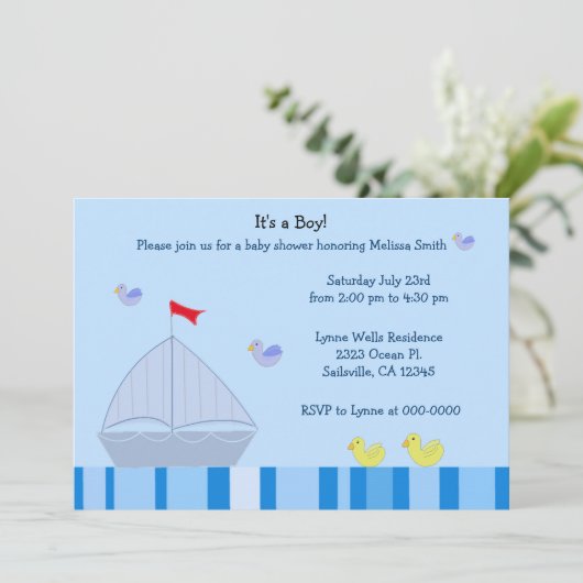 Nautical Sailboot Baby Boy Shower Uitnodiging (Staand voorkant)