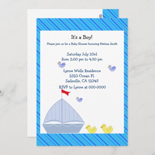 Nautical Sailboot Baby Boy Shower Uitnodiging (Voorkant / Achterkant)