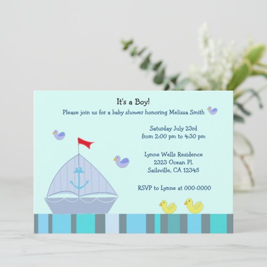 Nautical Sailboot Baby Boy Shower Uitnodiging (Staand voorkant)