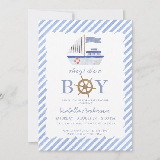 Nautical Sailboot Boy Baby shower Uitnodiging (Voorkant)