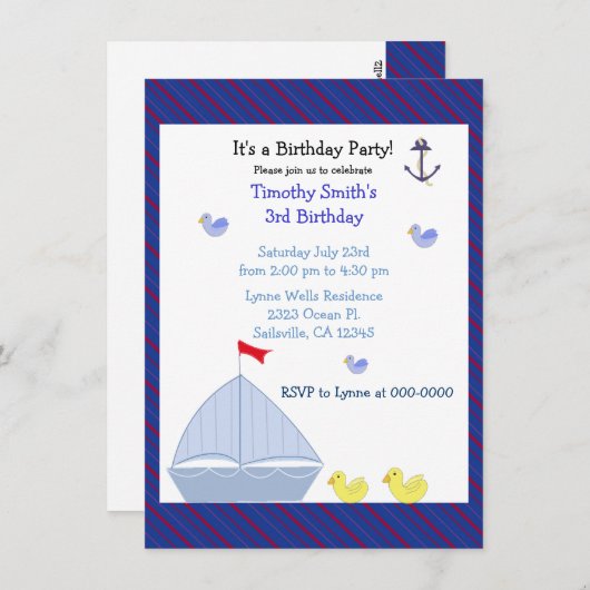 Nautical Sailboot Boy Birthday Uitnodiging (Voorkant / Achterkant)