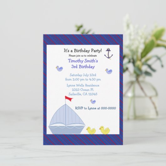 Nautical Sailboot Boy Birthday Uitnodiging (Staand voorkant)