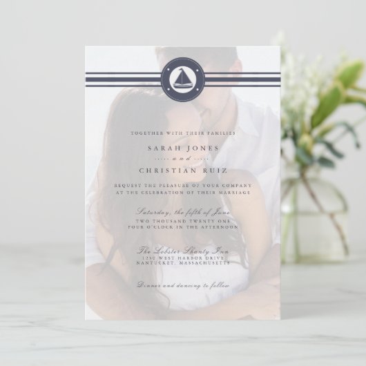 Nautical Sailboot Navy Blue Photo Weddenschap  Kaart (Staand voorkant)