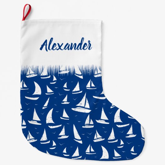 Nautical Sailing Boats and Yachts White on Blue Grote Kerstsok (Voorkant)