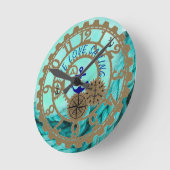 Nautical Sailing Clock Aqua en Gold Gears Ronde Klok (Hoek)