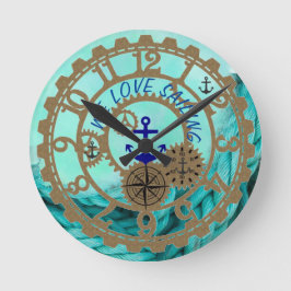 Nautical Sailing Clock Aqua en Gold Gears Ronde Klok