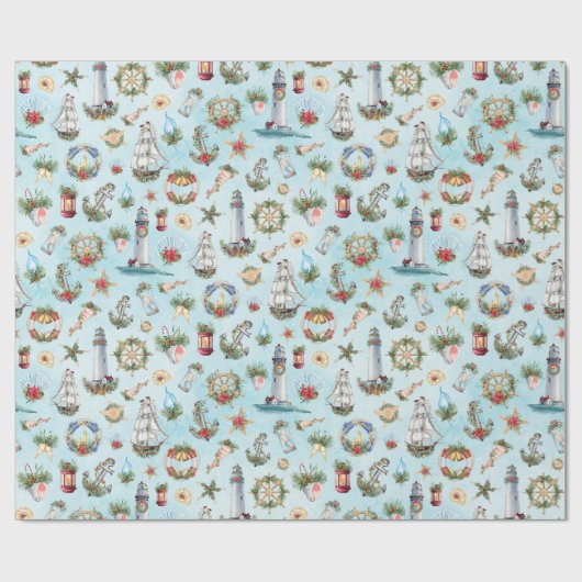 Nautical Sailing Ship Kerstmis Waterverf Ocean Cadeaupapier (Vlak)