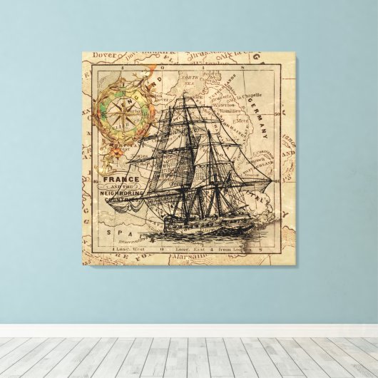 Nautical Sailing Ship Navigation Map Canvas Afdruk (Insitu (Houten vloer))