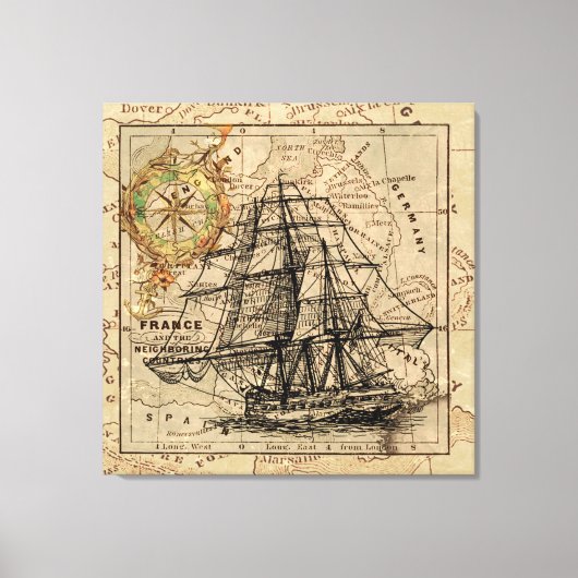 Nautical Sailing Ship Navigation Map Canvas Afdruk (Voorkant)