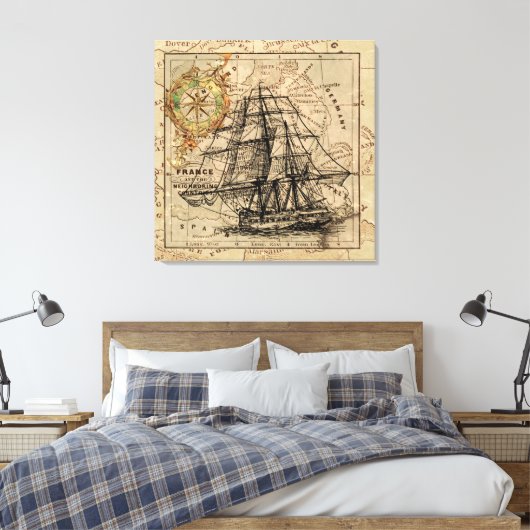Nautical Sailing Ship Navigation Map Canvas Afdruk (Insitu (Slaapkamer))