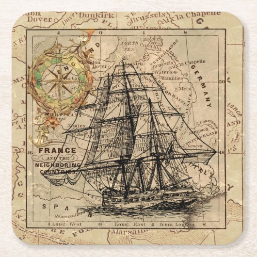 Nautical Sailing Ship Navigation Map Kartonnen Onderzetters (Voorkant)