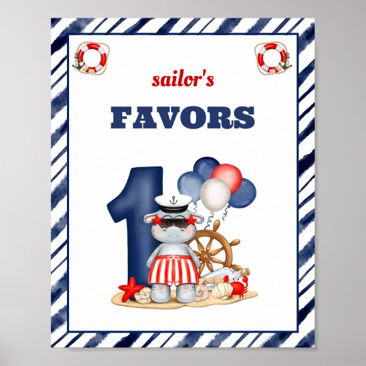 Nautical Sailor 1e Verjaardag Boot Boy Favor Sign Poster (Voorkant)