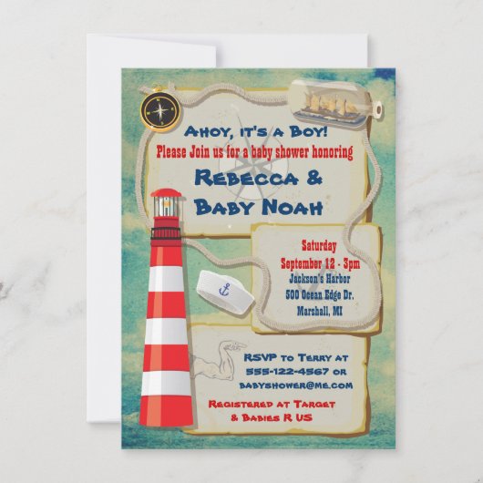 Nautical Sailor Baby Douche Uitnodigingen (Voorkant)