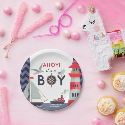 Nautical Sailor Boats Ahoy Baby Jongen Douche Part Papieren Bordje (Feest)
