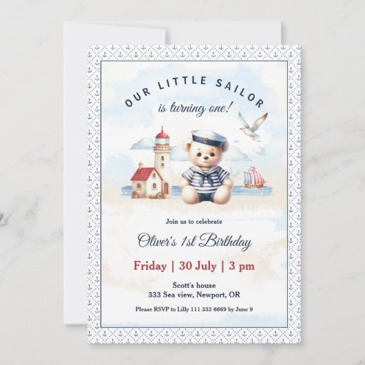 Nautical Sailor Schattige Beer 1e Verjaardagsuitno Kaart (Voorkant)