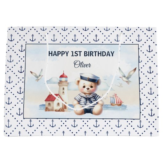 Nautical Sailor Schattige Beer Boy 1e Verjaardag Groot Cadeauzakje (Voorkant)