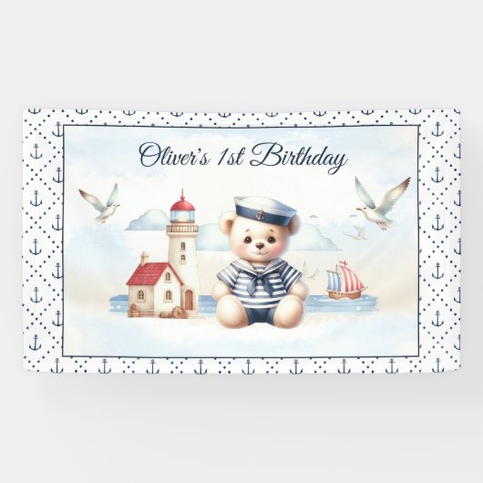 Nautical Sailor Schattige Beer Jongen 1e Verjaarda Spandoek (Horizontaal)