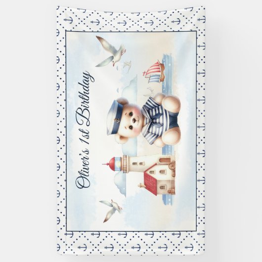 Nautical Sailor Schattige Beer Jongen 1e Verjaarda Spandoek (Verticaal)