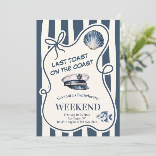 Nautical Sailor Stripe Shell en Pet Bachelorette Kaart (Staand voorkant)