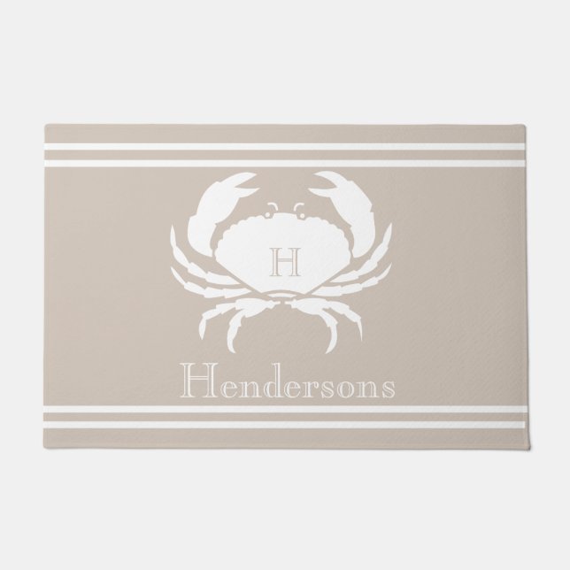 Nautical Sand Tan Taupe White Crab Monogram Naam Deurmat (Voorkant)