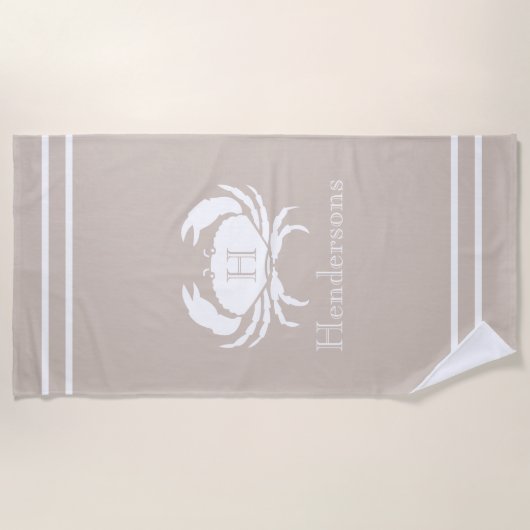 Nautical Sand Tan Taupe White Crab Monogram Naam Strandlaken (Voorkant)