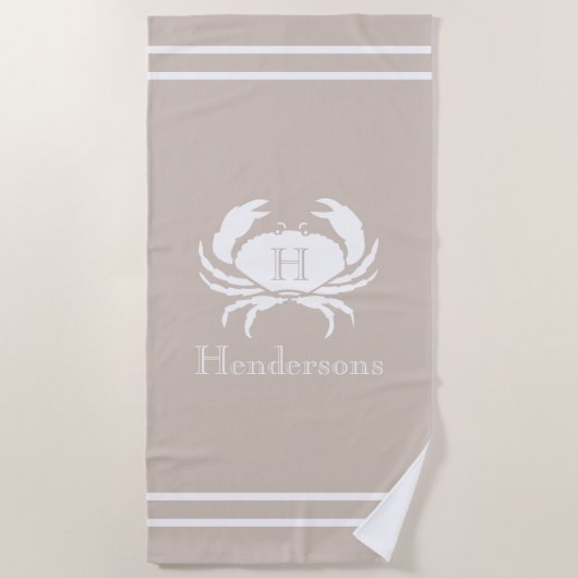 Nautical Sand Tan Taupe White Crab Monogram Naam Strandlaken (Voorkant)