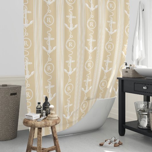 Nautical Sand White Anchor Rope Monogram Douchegordijn
