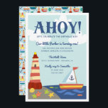 Nautical Scene Kids Birthday Party Invitation Kaart<br><div class="desc">Deze schattige,  nautische verjaardagsuitnodiging bevat een oceaanscène,  inclusief een vuurtoren op het strand,  een schattige kleine zeilboot,  zeesterren en golven.  Moderne,  kleurrijke en oh-zo schattige,  deze uitnodiging is perfect voor je kleine munchkin,  of het nu gaat om een eerste verjaardag of een volgende verjaardag.</div>