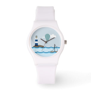 Nautical Scene met vuurtoren en zeilboot Horloge