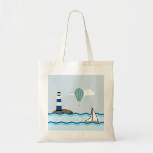 Nautical Scene met vuurtoren en zeilboot Tote Bag
