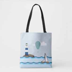 Nautical Scene met vuurtoren en zeilboot Tote Bag