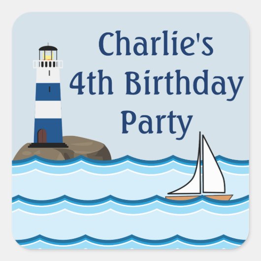 Nautical Scene met vuurtoren en zeilboot Vierkante Sticker (Voorkant)