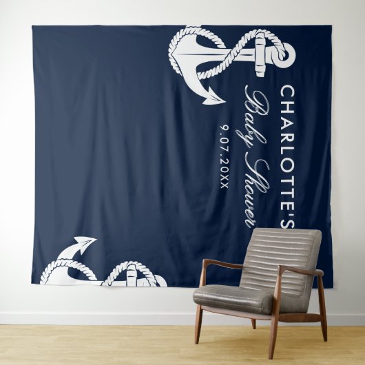 Nautical Script Baby Shower Navy Blauwe Achtergron Wandkleed (In Situ (horizontaal))