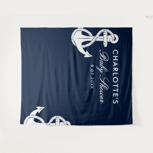 Nautical Script Baby Shower Navy Blauwe Achtergron Wandkleed (Voorkant (horizontaal))