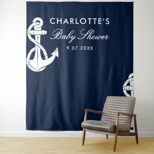 Nautical Script Baby Shower Navy Blauwe Achtergron Wandkleed (In situ)