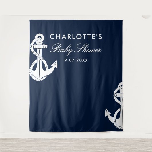 Nautical Script Baby Shower Navy Blauwe Achtergron Wandkleed (Voorkant)