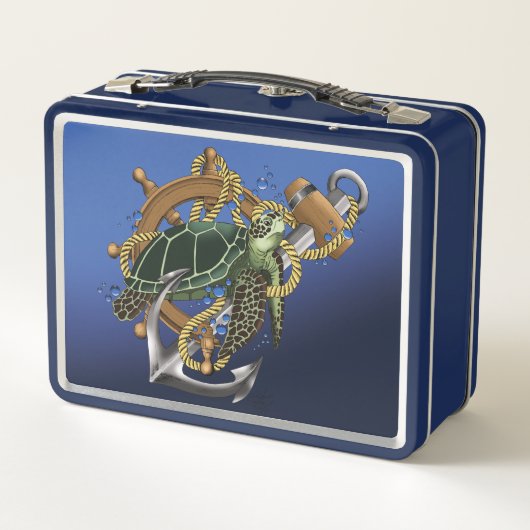 Nautical Sea Turtle Anchor Ship Wheel Blue (Achterkant)