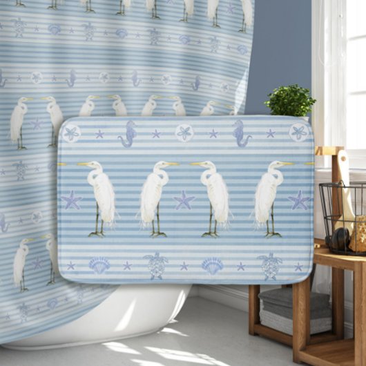 Nautical Sea Turtle Seahorse n Egret Blue Stripe Badmat