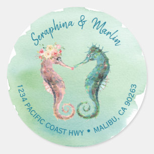 Nautical Seahorse Wedding Return Address Seals Ronde Sticker
