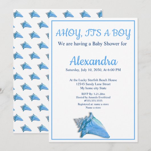 Nautical Seashell Blue Boy Baby shower uitnodiging (Voorkant / Achterkant)