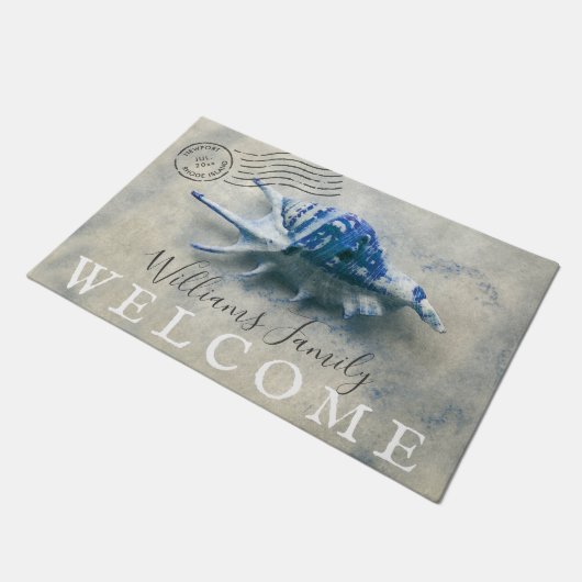 Nautical Seashell Blue Monogramed Name Welcome Deurmat (Schuin)